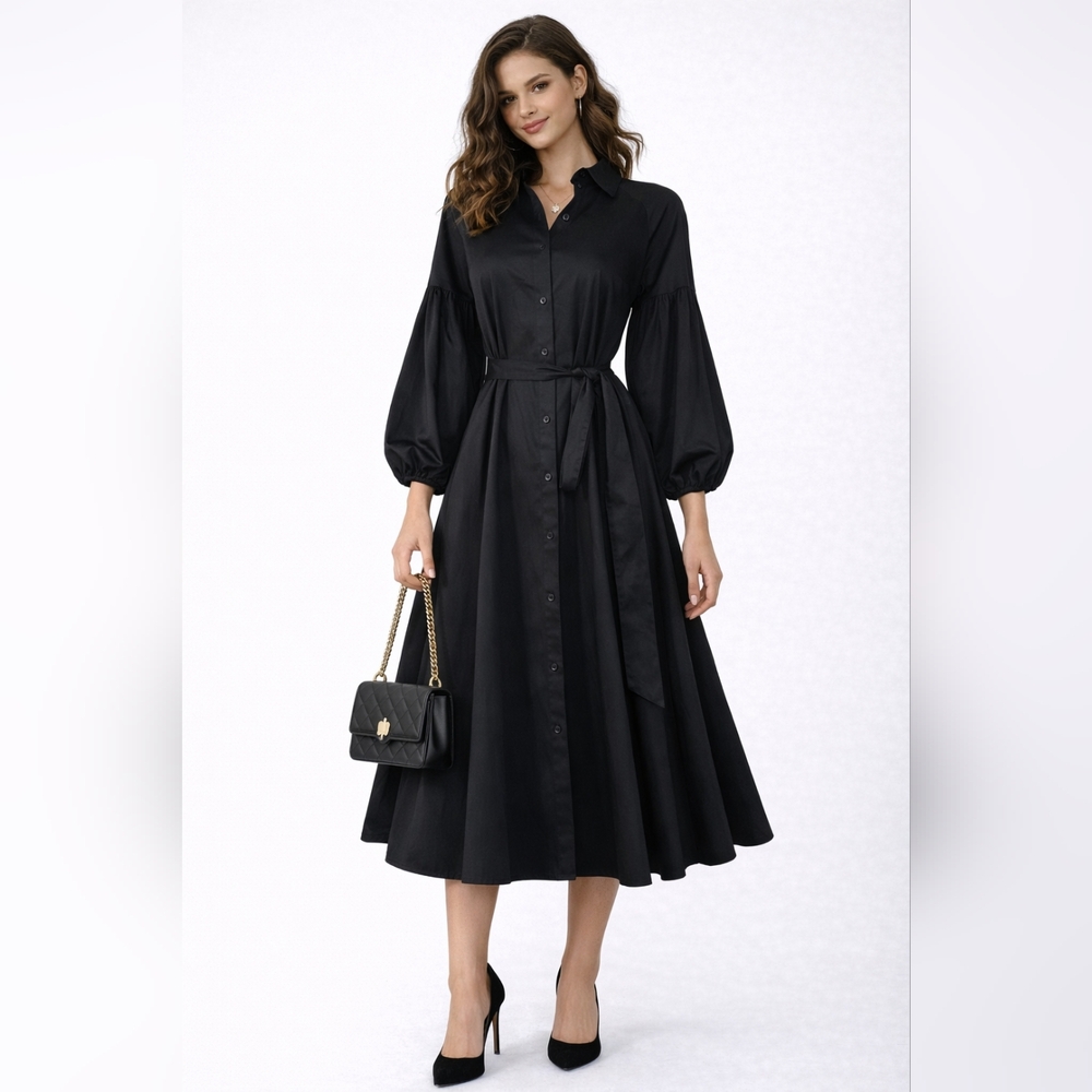 Kate Spade Runway Style Black Midi Dress XS | Statement Puff Sleeve Flowy Dress